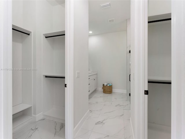 923 Winters St E, Lehigh Acres, FL 33974 - full bathroom featuring visible vents, baseboards, recessed lighting, vanity, and marble finish floor