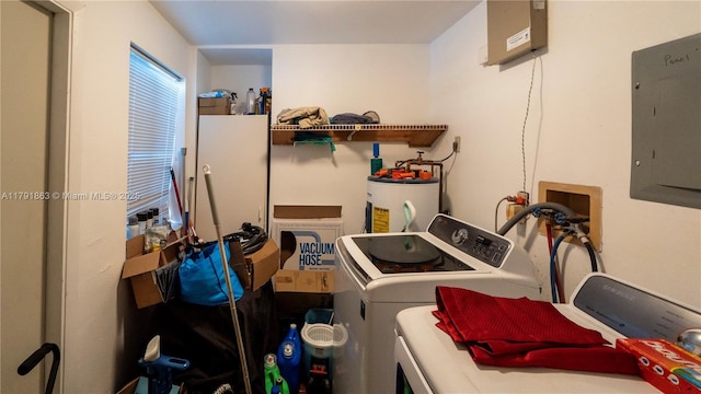 washroom with independent washer and dryer, electric water heater, electric panel, and laundry area