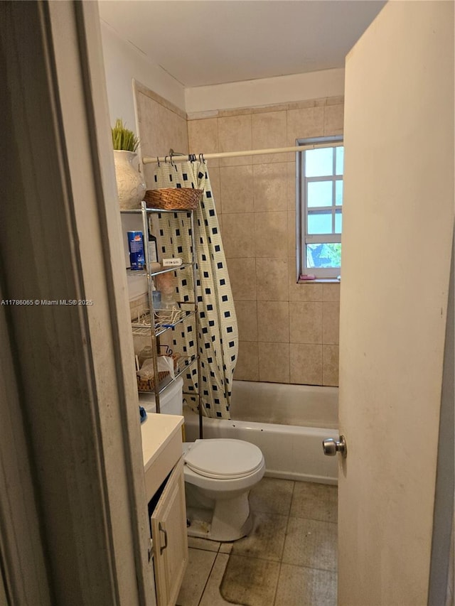 full bath with shower / bathtub combination with curtain, vanity, toilet, and tile patterned flooring