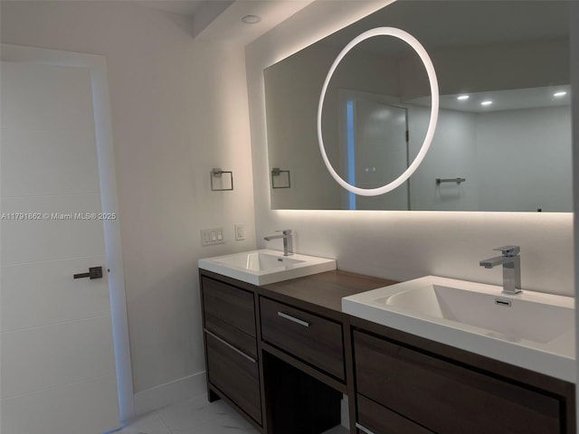 full bathroom with recessed lighting, double vanity, a sink, and marble finish floor
