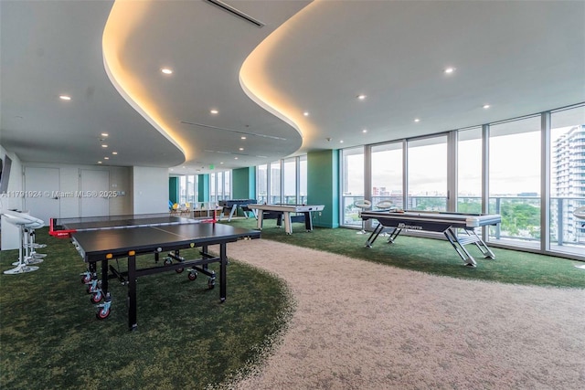 488 NE 18th St Unit 1708, Miami, FL 33132 - playroom featuring recessed lighting, carpet flooring, expansive windows, and pool table