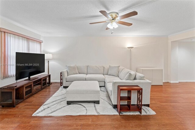 300 SW 130th Ter Unit 203B, Pembroke Pines, FL 33027 - living area featuring crown molding, a textured ceiling, ceiling fan, and wood finished floors