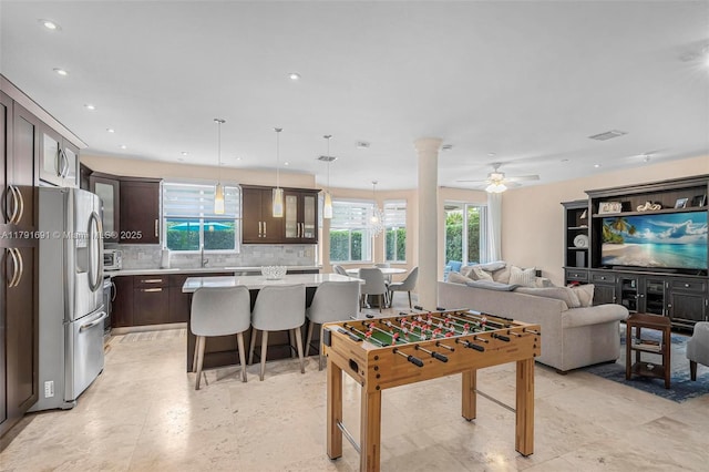 943 Golden Cane Dr, Weston, FL 33327 - game room featuring ceiling fan, plenty of natural light, recessed lighting, and a sink