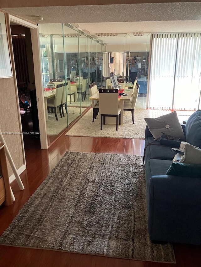 living area featuring a textured ceiling and wood finished floors