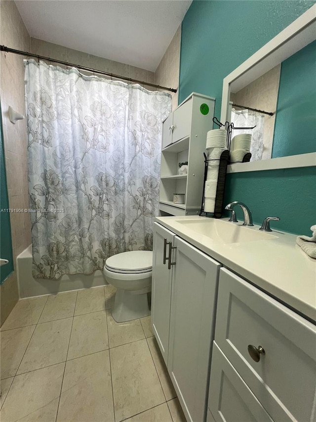bathroom with tile patterned flooring, shower / bathtub combination with curtain, toilet, and vanity