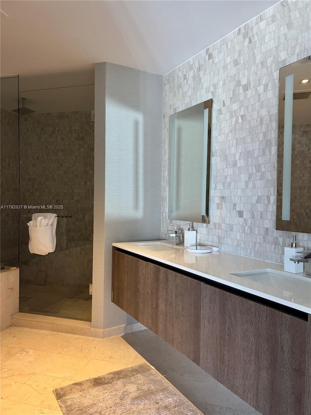 68 SE 6th St Unit 3611, Miami, FL 33131 - full bath with double vanity, a sink, decorative backsplash, and a shower stall
