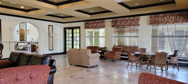 2351 W Preserve Way Unit 205, Miramar, FL 33025 - interior space with ornamental molding, coffered ceiling, arched walkways, and plenty of natural light