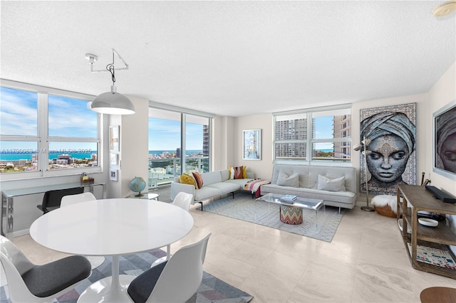 living room with a textured ceiling