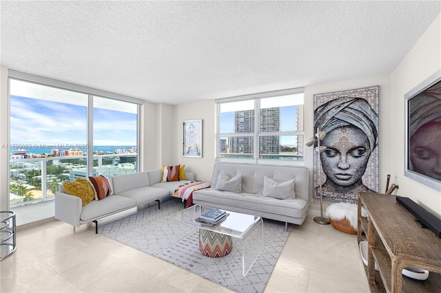 living room featuring a view of city and a textured ceiling