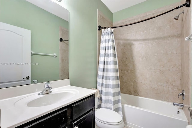 bathroom featuring toilet, shower / bath combination with curtain, and vanity
