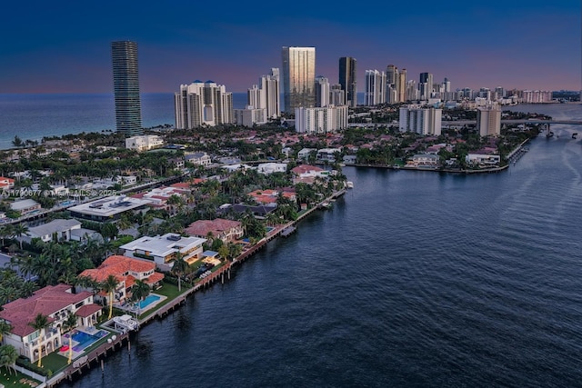 drone / aerial view with a city view and a water view