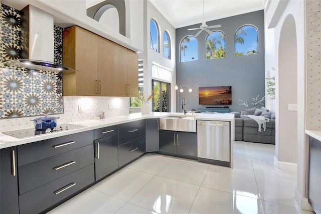 3260 SW 189th Ave, Miramar, FL 33029 - kitchen featuring stainless steel dishwasher, ceiling fan, black electric stovetop, light countertops, and wall chimney exhaust hood