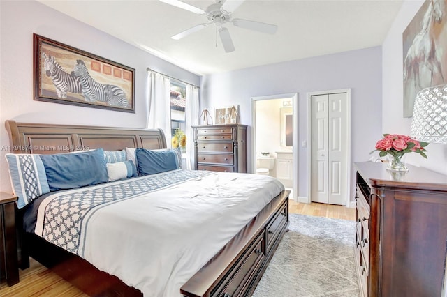 3260 SW 189th Ave, Miramar, FL 33029 - bedroom featuring a ceiling fan, light wood finished floors, and ensuite bath
