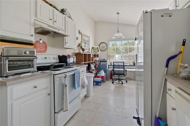 1754 Turtle Rock Dr, Lakeland, FL 33803 - kitchen with pendant lighting, white cabinets, light countertops, under cabinet range hood, and white appliances