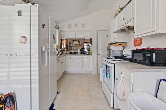 1754 Turtle Rock Dr, Lakeland, FL 33803 - kitchen with white cabinetry, white appliances, vaulted ceiling, and under cabinet range hood