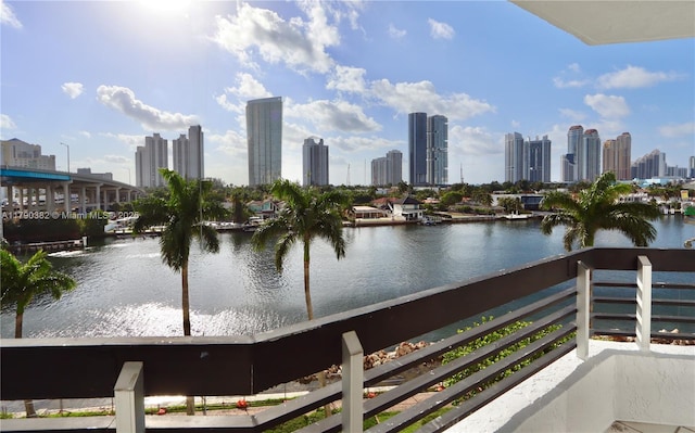 view of water feature with a view of city