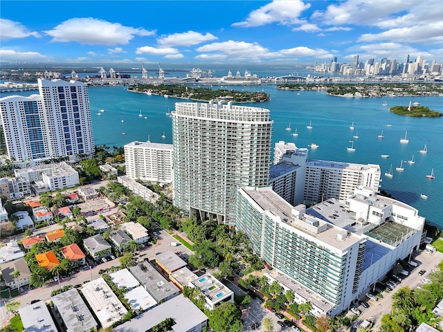 aerial view featuring a water view and a city view