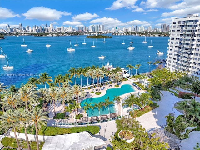 bird's eye view with a view of city and a water view