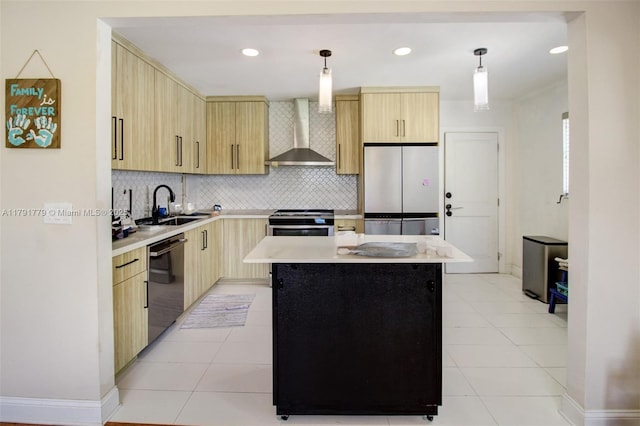 1025 Hunting Lodge Dr, Miami Springs, FL 33166 - kitchen with wall chimney exhaust hood, stainless steel appliances, light brown cabinetry, a sink, and light countertops