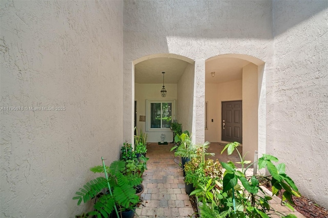 view of exterior entry featuring stucco siding
