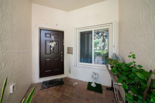 doorway to property featuring stucco siding