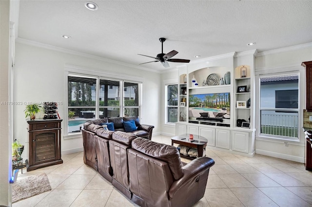 19323 SW 55th St, Miramar, FL 33029 - living room with ceiling fan, ornamental molding, and light tile patterned flooring