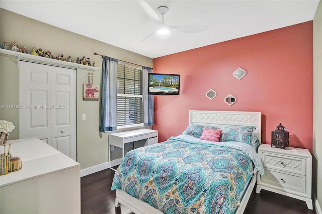 19323 SW 55th St, Miramar, FL 33029 - bedroom with a ceiling fan, baseboards, dark wood-style floors, and a closet