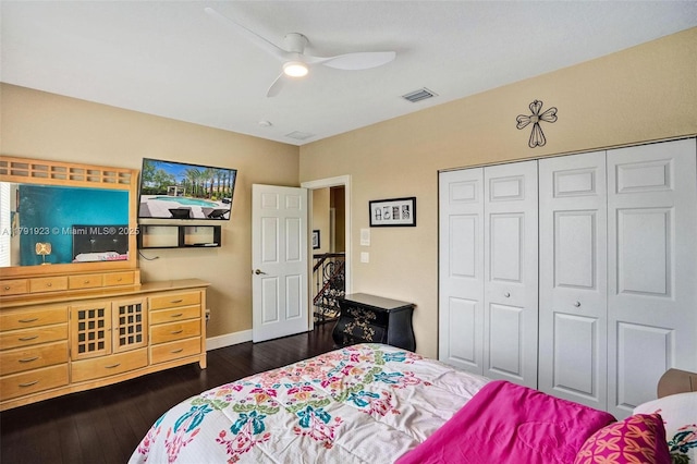 19323 SW 55th St, Miramar, FL 33029 - bedroom with ceiling fan, visible vents, baseboards, a closet, and dark wood-type flooring