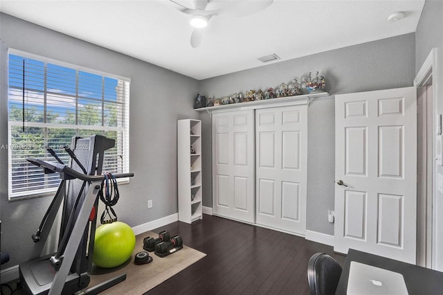 19323 SW 55th St, Miramar, FL 33029 - exercise room featuring ceiling fan, dark wood-style flooring, visible vents, baseboards, and a textured wall