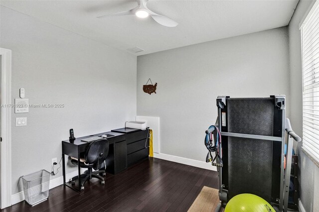19323 SW 55th St, Miramar, FL 33029 - office area featuring wood-type flooring, ceiling fan, and baseboards