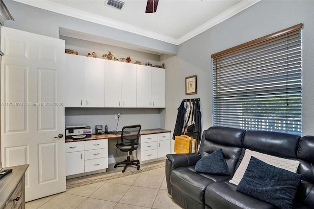 19323 SW 55th St, Miramar, FL 33029 - office space with crown molding, visible vents, built in desk, a ceiling fan, and light tile patterned floors