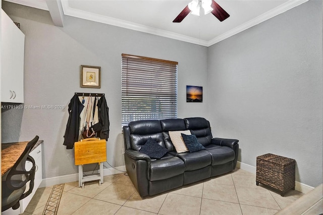 19323 SW 55th St, Miramar, FL 33029 - living area featuring baseboards, ornamental molding, ceiling fan, and light tile patterned floors