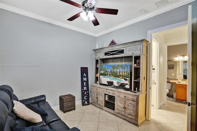 19323 SW 55th St, Miramar, FL 33029 - living room featuring light tile patterned floors, ornamental molding, a ceiling fan, and visible vents