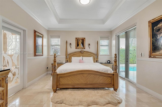 bedroom with light tile patterned floors, a tray ceiling, access to outside, and baseboards
