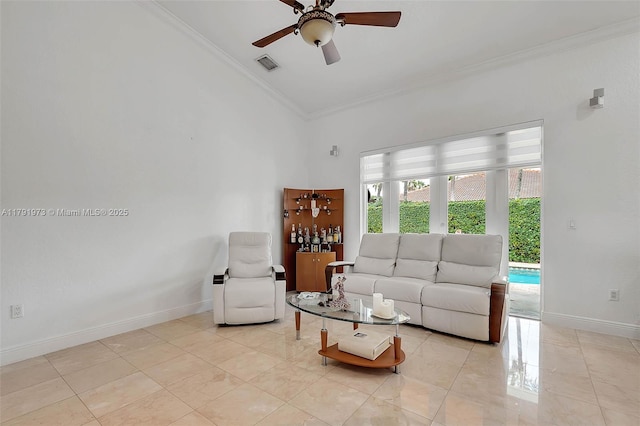 living room featuring ceiling fan, high vaulted ceiling, crown molding, visible vents, and baseboards