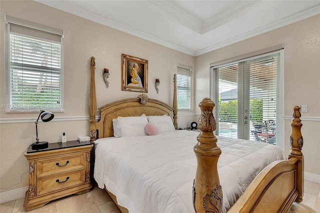 bedroom with french doors, crown molding, access to exterior, and baseboards
