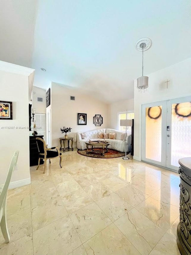 19720 SW 79th Ct, Cutler Bay, FL 33189 - living area featuring marble tiled flooring, lofted ceiling, and french doors