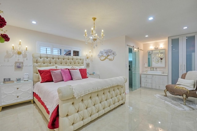 19720 SW 79th Ct, Cutler Bay, FL 33189 - bedroom with recessed lighting, a barn door, ensuite bathroom, a sink, and a chandelier