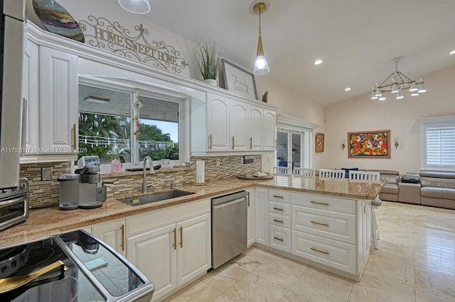 19720 SW 79th Ct, Cutler Bay, FL 33189 - kitchen with stainless steel dishwasher, marble finish floor, a sink, white cabinetry, and tasteful backsplash