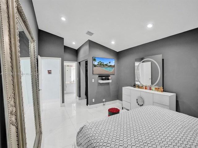 bedroom featuring baseboards, tile patterned floors, recessed lighting, and visible vents