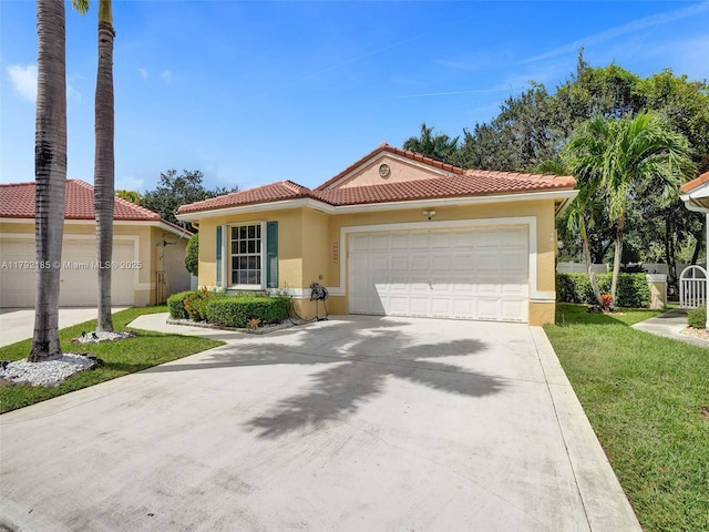10937 NW 46th Dr, Coral Springs, FL 33076 - mediterranean / spanish home featuring stucco siding, a tile roof, concrete driveway, an attached garage, and a front yard