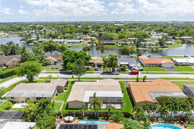 aerial view featuring a water view and a residential view