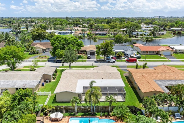 aerial view featuring a water view and a residential view