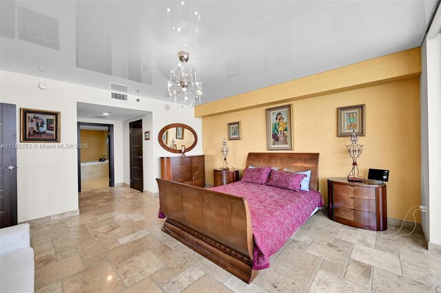 1830 S Ocean Dr Unit 1201, Hallandale Beach, FL 33009 - bedroom featuring a high ceiling, visible vents, baseboards, and stone tile flooring