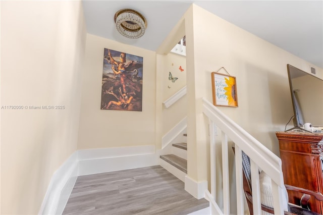stairs featuring wood finished floors
