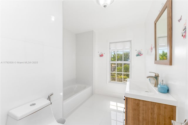 bathroom featuring a bathing tub, a shower, toilet, tile patterned floors, and vanity