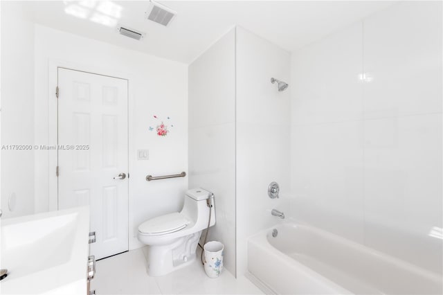 full bathroom with toilet, shower / tub combination, visible vents, and tile patterned floors