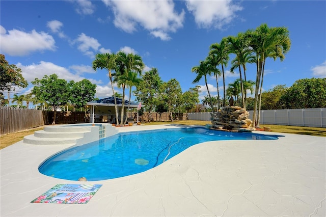 view of pool featuring a patio, a gazebo, a fenced backyard, and a fenced in pool