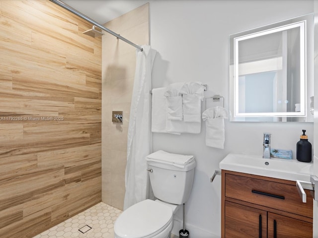 bathroom with toilet, a stall shower, and vanity