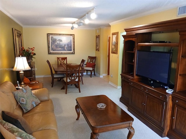 1300 SW 122nd Ave Unit 303-2, Miami, FL 33184 - living room with ornamental molding, baseboards, track lighting, and light carpet